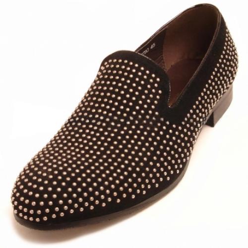 Fiesso Black Genuine Suede Loafer Shoes With Silver Metal Studs FI6790
